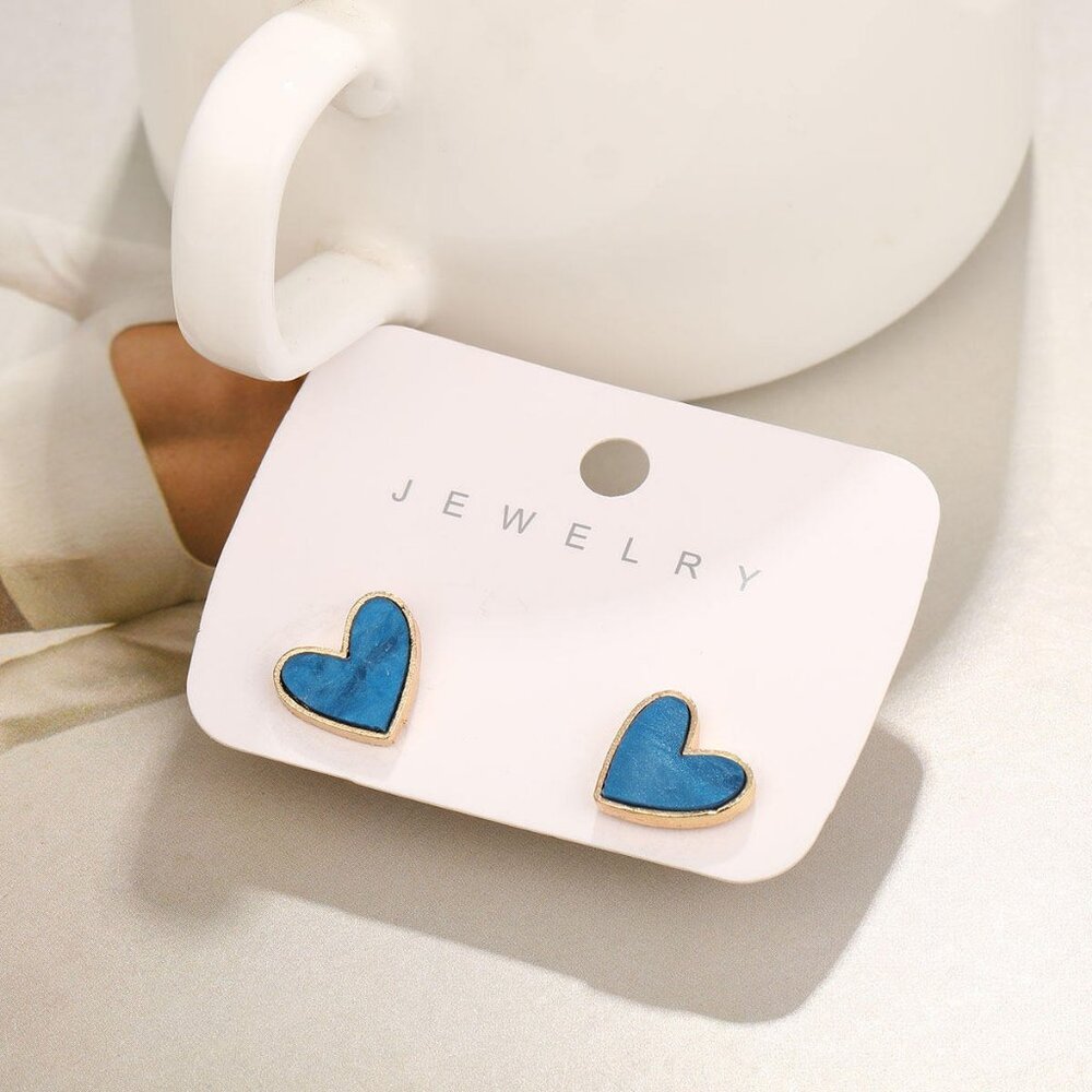 Heart Shaped Small Stud Earrings Pink or Blue with Gold Tone Trim